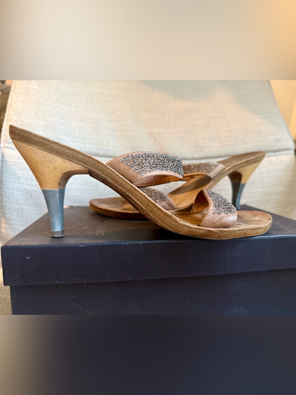 Dries Van Noten Taupe Suede Slide Heels with Crystal Straps